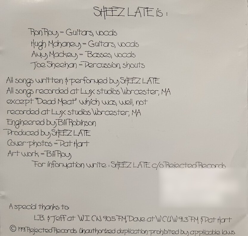 The hand-lettered inside insert of Sheez Late, 1991